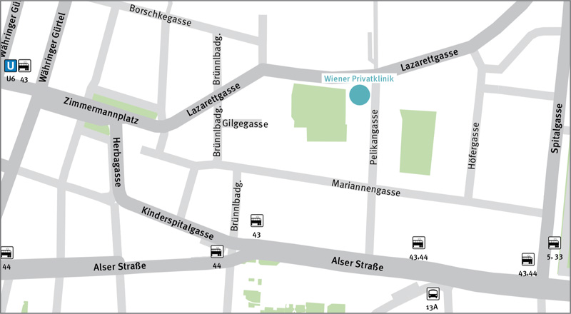 Übersichtsplan der Umgebung um die Wiener Privatklinik, inklusive Haltestellen der öffentlichen Verkehrsmittel Übersichtsplan der Umgebung um die Wiener Privatklinik, inklusive Haltestellen der öffentlichen Verkehrsmittel